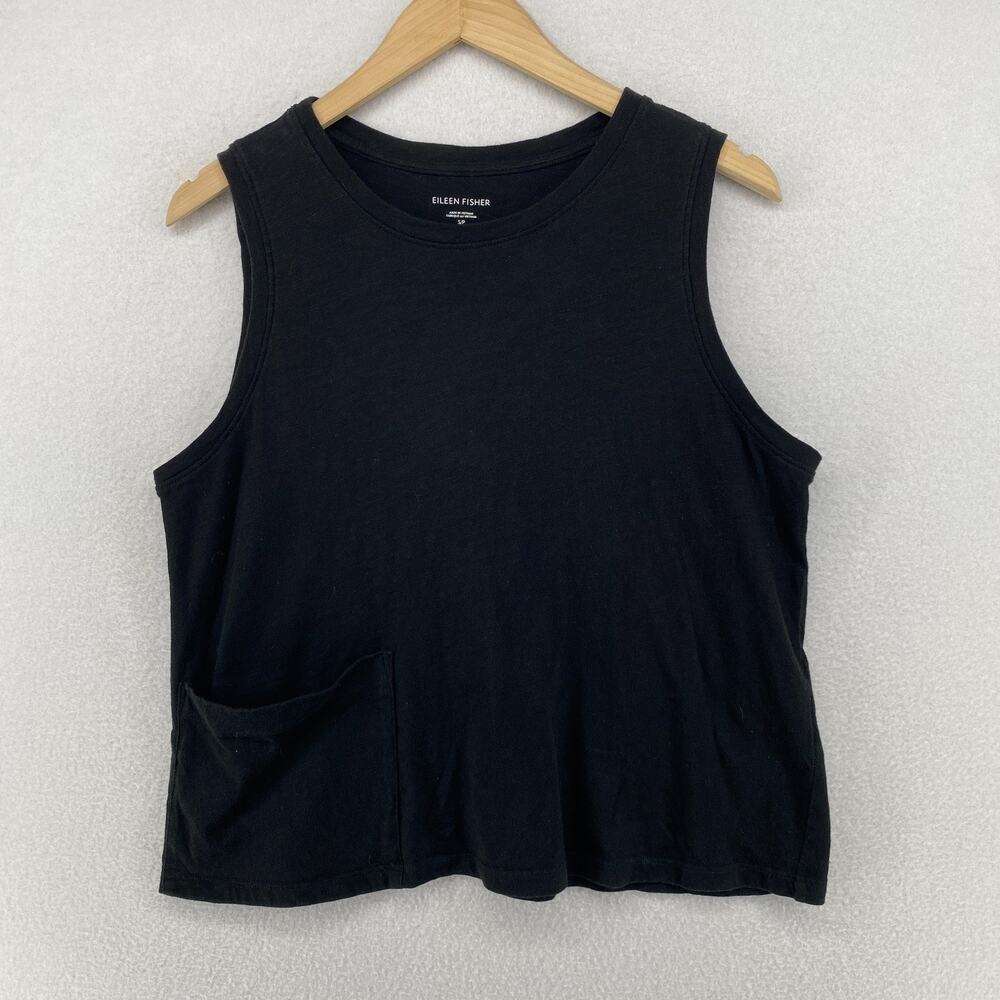 EILEEN FISHER Tank S Slub Organic Cotton Jersey Sleeveless Top Pocket Black